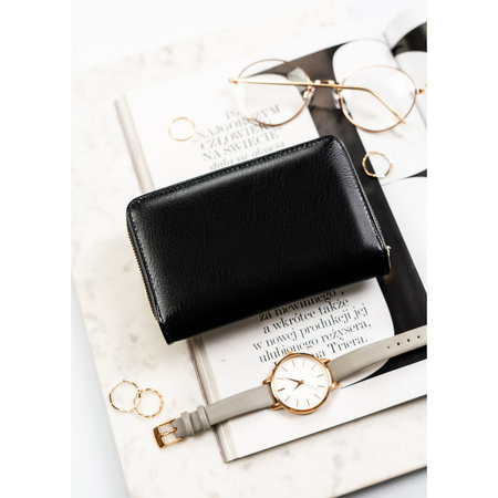 Damen-Geldbörse aus Öko-Leder, schwarz, querformatig, mit Druckknopfverschluss – Peterson