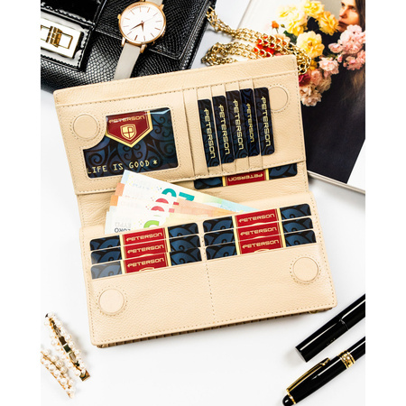 Beige Damen-Geldbörse aus Leder mit Magnet- und Reißverschluss, verziert mit einem Geflecht – Peterson