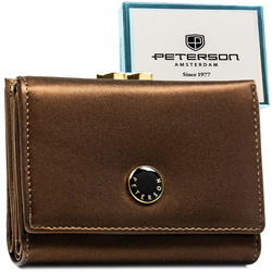 Mittelgroße Damen-Geldbörse aus Natur- und Öko-Leder in brauner Farbe, mit Bügel und Druckknopf verschließbar – Peterson