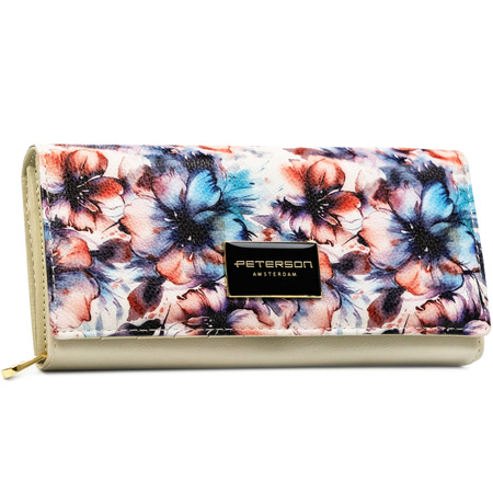 Große Damen-Geldbörse mit Blumen aus Natur- und Öko-Leder, mit Druckknopf verschließbar - Peterson