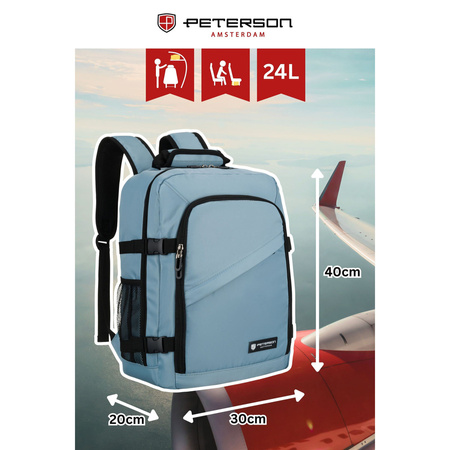 Reise-Rucksack in Blau, zweifach unterteilt und an verstellbaren Schultergurten aufgehängt – Peterson