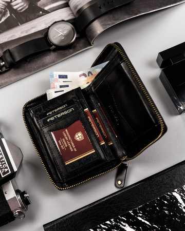 Herren Geldbörse aus Leder mit Reißverschluss und Carbon-Beschichtung – Peterson
