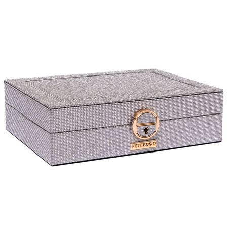 Silberne Schmuckschatulle mit speziellem Uhrenfach, abschließbar mit Schlüssel und Schnappverschluss – Peterson