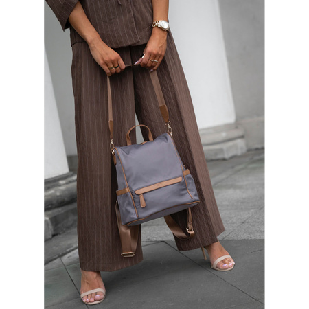 Grauer Damen-Rucksack aus Nylon und Öko-Leder mit abnehmbarem Gürtel, ein Hauptfach – Peterson