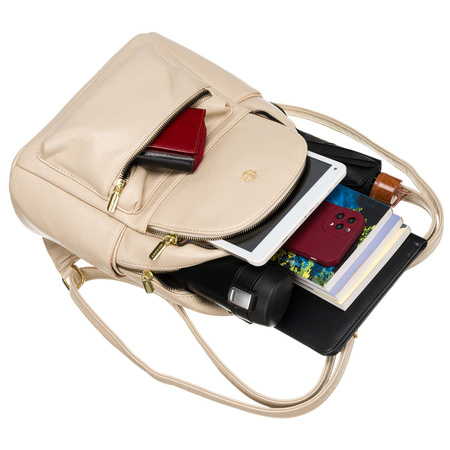 Bequemer beiger Rucksack mit goldenen Reißverschlüssen – Rovicky