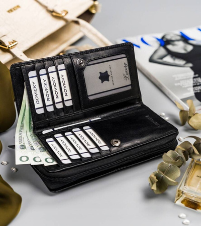 Große Damen Geldbörse aus Leder mit Reißverschluss und Druckknopf – Rovicky