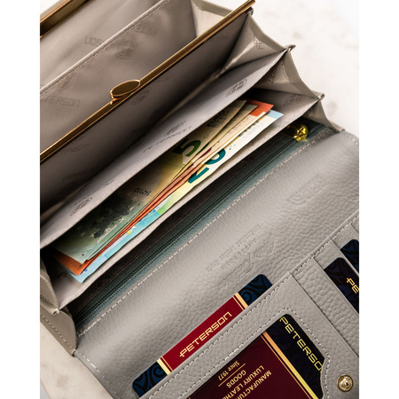 Große, horizontale Damen Geldbörse mit Druckknopf aus lackiertem Echtleder mit Blumenmuster – Peterson