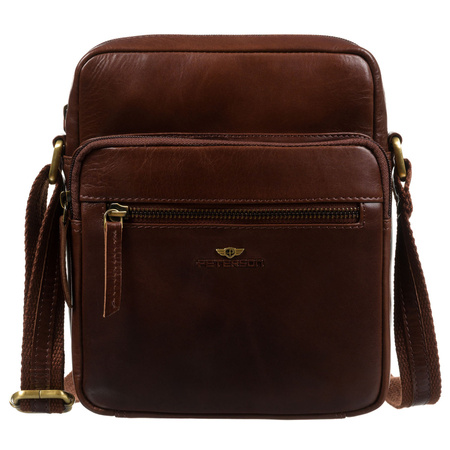 Städtische Herren-Umhängetasche aus Naturleder in Braun, aufgehängt an einem verstellbaren Gürtel – Peterson