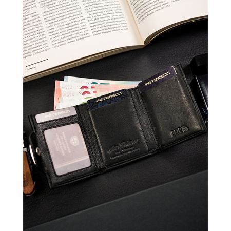 Herren Geldbörse klein hochformat schwarz aus Leder mit Druckknopf – Peterson