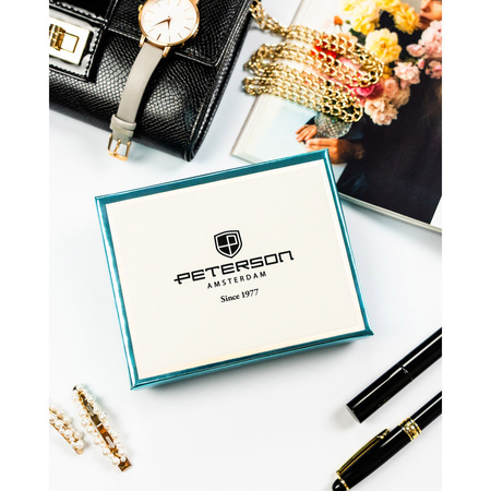 Beige Damen-Geldbörse aus Natur- und Öko-Leder mit Pflanzenmuster, verschließbar mit Bügel und Druckknopf - Peterson