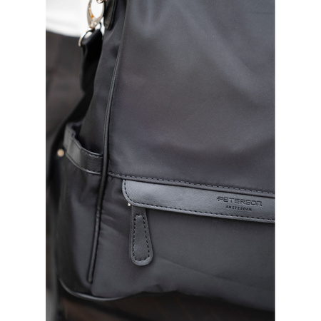 Schwarzer Damen-Rucksack aus Nylon und Öko-Leder, aufgehängt an verstellbaren Trägern - Peterson