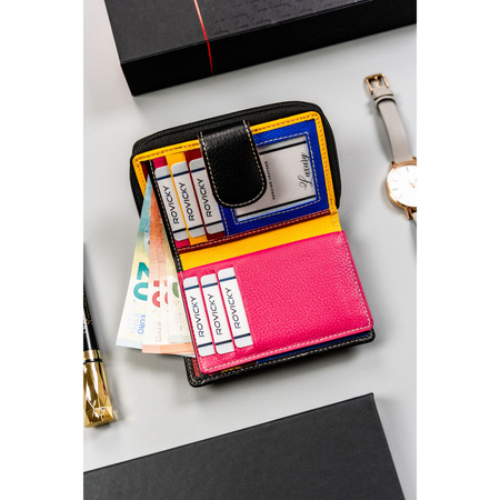 Stilvolle, schwarze Damen Geldbörse aus Leder mit Druckknopf und Reißverschluss – Rovicky