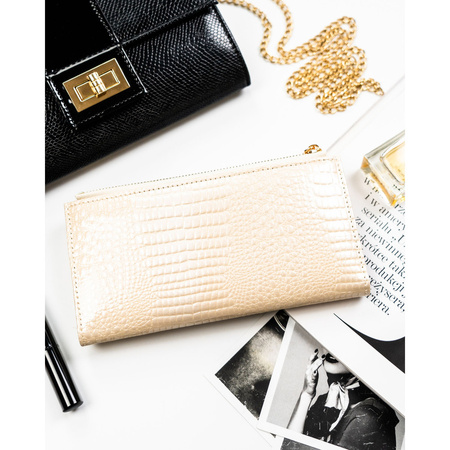 Horizontale, beige Damen-Geldbörse aus Öko-Leder mit Krokodil-Prägung – Peterson