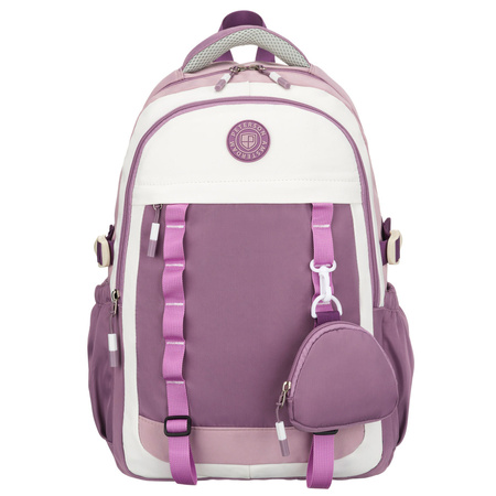 Weicher Schulrucksack aus Polyester in weiß-lila Farbe, aufgehängt an verstellbaren Trägern - Peterson