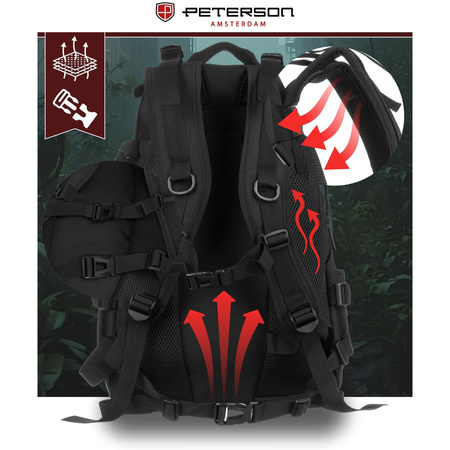 Sportlicher Militärrucksack in Schwarz, aufgehängt an verstellbaren Schultergurten - Peterson