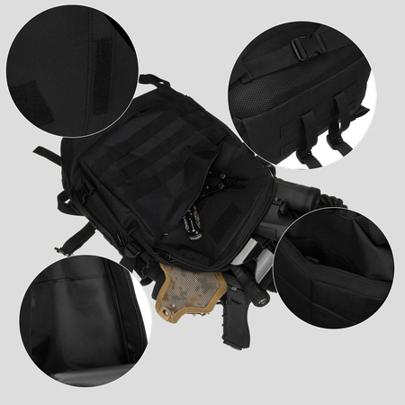 Peterson – Schwarzer Militärrucksack, dreifach unterteilt, an verstellbaren Trägern aufgehängt