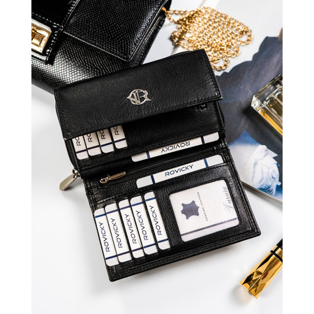 Modische schwarze Damen Geldbörse aus Leder mit Druckknopfverschluss – Rovicky