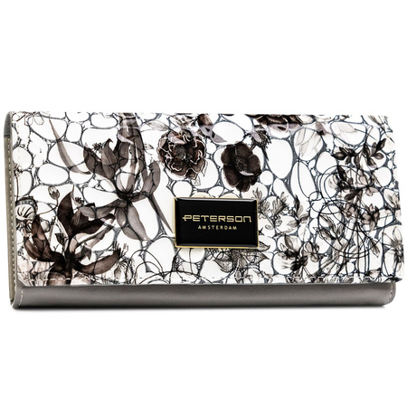 Große, horizontale Damen Geldbörse mit Druckknopf aus lackiertem Echtleder mit Blumenmuster – Peterson