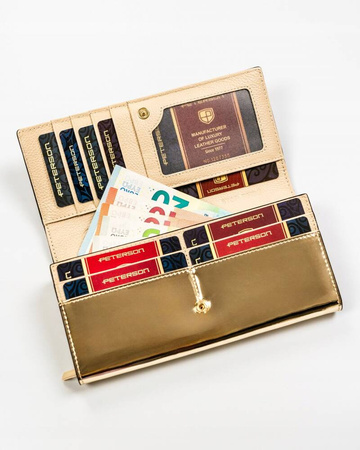 Große Damen Geldbörse in Schwarz-Gold aus echtem Leder mit Druckknopf – Peterson