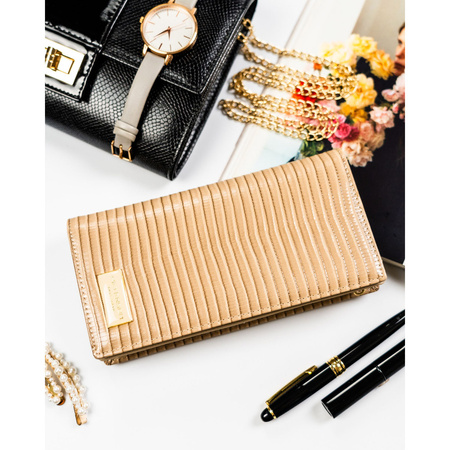 Beige Damen-Geldbörse aus Leder mit Magnet- und Reißverschluss, verziert mit einem Geflecht – Peterson