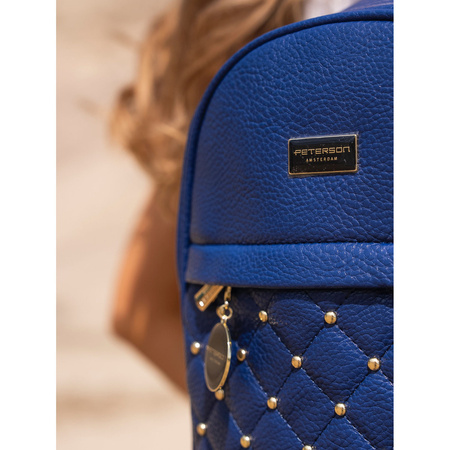 Gesteppt, modischer dunkelblauer Damen Rucksack mit goldenen Nieten aus Öko-Leder – Peterson