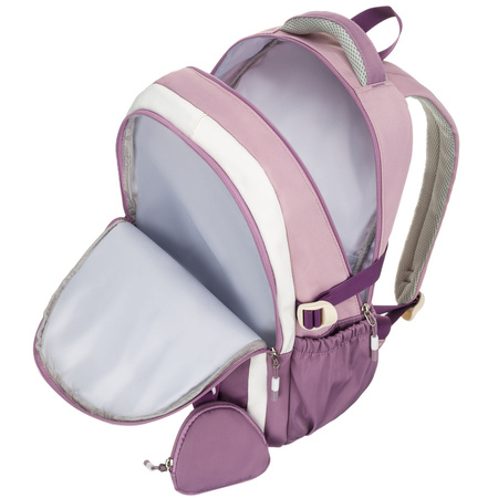 Weicher Schulrucksack aus Polyester in weiß-lila Farbe, aufgehängt an verstellbaren Trägern - Peterson