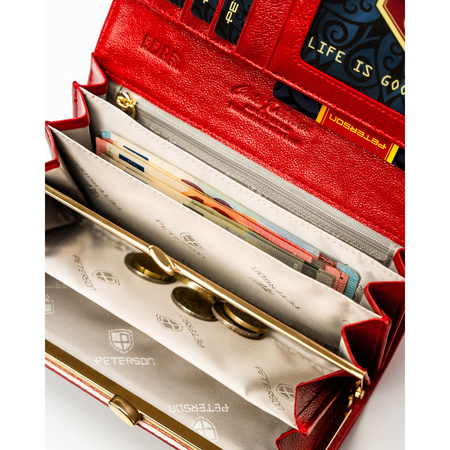 Große, rote Damen-Geldbörse aus Natur- und Öko-Leder mit Druckknopfverschluss – Peterson