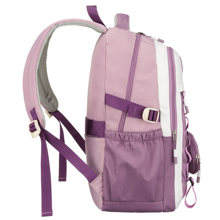 Weicher Schulrucksack aus Polyester in weiß-lila Farbe, aufgehängt an verstellbaren Trägern - Peterson