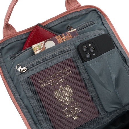 Rosa-grauer Damenrucksack aus Polyester und Öko-Leder, mit einem Fach - Peterson