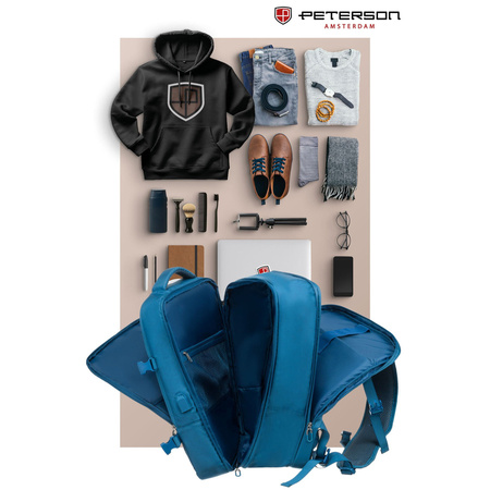 Reise-Rucksack in Blau, ideal für Handgepäck und ausgestattet mit Kompressionsriemen – Peterson