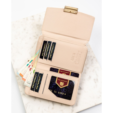 Beige Damen-Geldbörse aus Öko-Leder mit leicht gestreifter Struktur, mit Druckknopfverschluss - Peterson