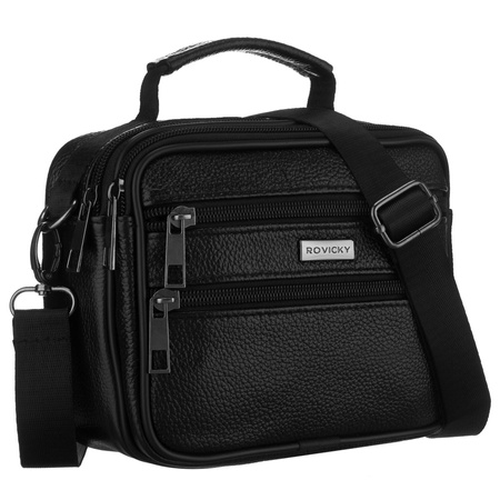 Herren-Umhängetasche aus Naturleder in Schwarz, aufgehängt an einem abnehmbaren Gürtel - Rovicky