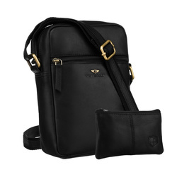 Schwarze Herren-Umhängetasche aus Leder mit goldenem Reißverschluss im Set mit einer kleinen Tasche – Peterson