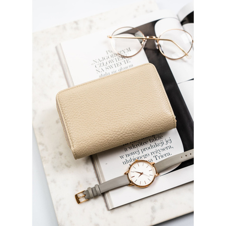 Beige Damen-Geldbörse aus Öko-Leder mit Noppenstruktur, mit Druckknopfverschluss - Peterson