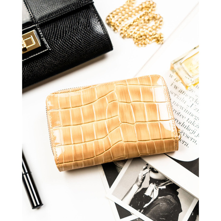 Beige Damen-Geldbörse aus Öko-Leder mit Krokodilhaut-Prägung, mit Druckknopf und Reißverschluss verschließbar - Peterson