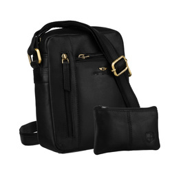 Klassische Herren-Umhängetasche aus Leder in Schwarz mit Taschen und Etui - Peterson