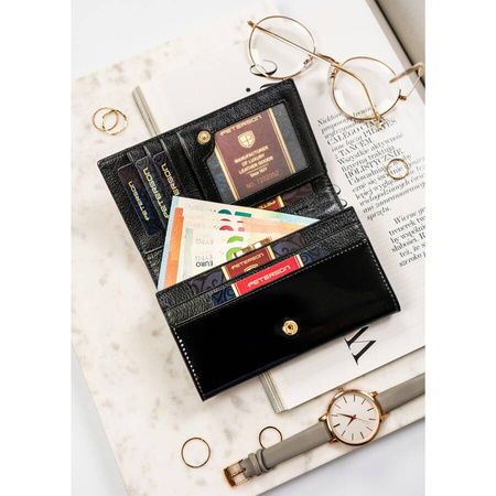 Moderne Damen Geldbörse aus echtem Leder in Rot-Schwarz mit Druckknopf und Bügelverschluss – Peterson