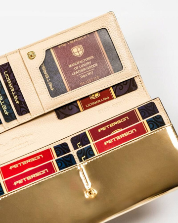 Große Damen Geldbörse in Schwarz-Gold aus echtem Leder mit Druckknopf – Peterson