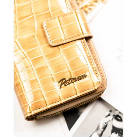 Beige Damen-Geldbörse aus Öko-Leder mit Krokodilhaut-Prägung, mit Druckknopf und Reißverschluss verschließbar - Peterson