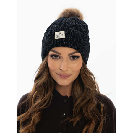 Schwarze, umgeschlagene Damen Mütze mit Bommel – Peterson