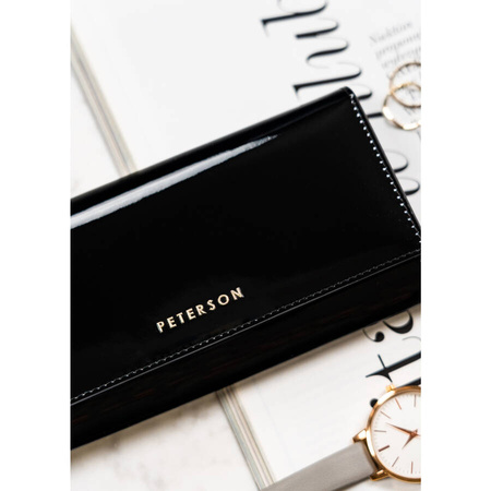 Lackierte Damen Geldbörse aus Leder in Schwarz mit Druckknopfverschluss – Peterson