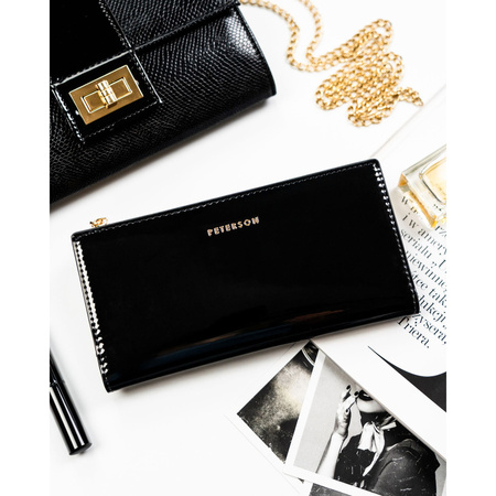 Große Damen-Geldbörse aus Öko-Leder in Schwarz mit Reißverschluss und Druckknopf – Peterson