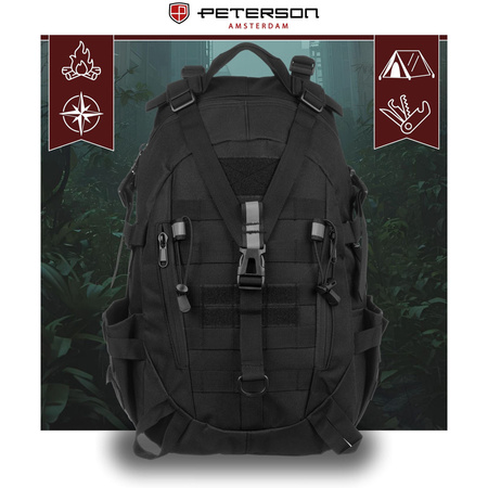 Sportlicher Militärrucksack in Schwarz, aufgehängt an verstellbaren Schultergurten - Peterson
