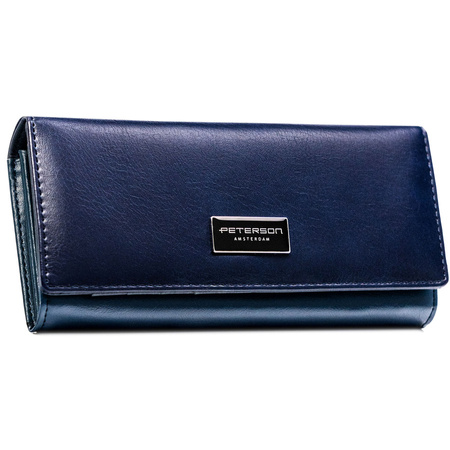 Große, horizontale Damen-Geldbörse aus echtem und Öko-Leder in Marineblau – Peterson