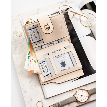 Beige Damen-Geldbörse aus Öko-Leder mit Druckknopf- und Reißverschlussverschluss - Rovicky