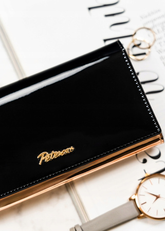 Große, horizontale Damen Geldbörse in Schwarz-Gold mit Druckknopfverschluss – Peterson