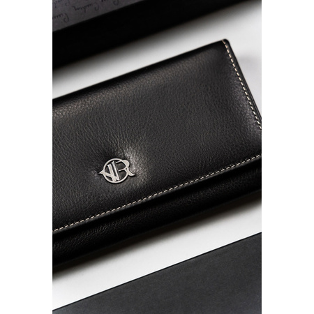 Große, schwarze Damen Geldbörse aus Leder mit Druckknopf – Rovicky