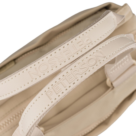 Beigefarbene, praktische Damen-Umhängetasche aus Polyester, aufgehängt an Griffen und einem abnehmbaren Gürtel – Peterson