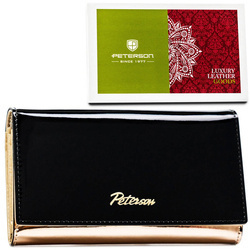 Damen Geldbörse aus echtem Leder in Schwarz-Gold mit Reißverschlusstasche – Peterson