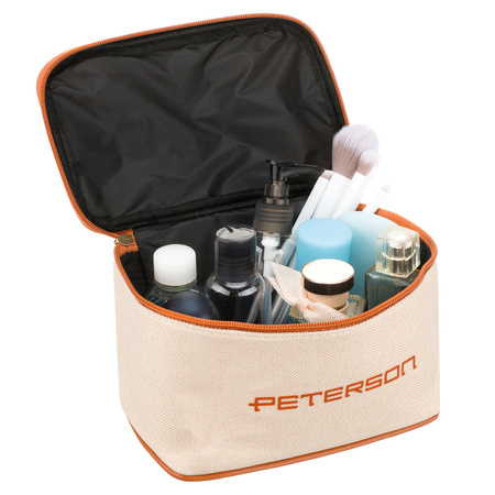 Beige-braune Kosmetiktasche aus synthetischem Stoff ausgestattet mit einem Griff, mit Reißverschluss geschlossen - Peterson